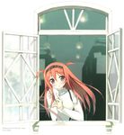  :o blush chin_rest circle_name from_outside hairband kantoku kurumi_(kantoku) long_hair looking_at_viewer looking_out_window open_window original red_eyes red_hair solo two_side_up watermark web_address window 