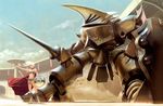  arena armor boots cape cloud colosseum copyright_request crowd day gladiator lance mecha noba polearm shield sword weapon white_hair 
