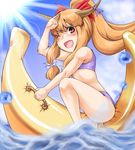  banana bikini brown_eyes day food fruit horns hotpants_(i'm_hot_yet!) ibuki_suika on_banana orange_hair solo swimsuit touhou 