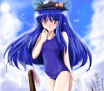  blue_hair flx food fruit hat hinanawi_tenshi long_hair one-piece_swimsuit one_eye_closed peach red_eyes school_swimsuit solo swimsuit touhou towel wet 