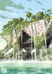  day landmark no_humans original overgrown ruins scenery sky tokyo_big_sight tokyogenso tree water waterfall 