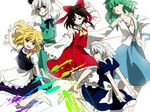  :d arms_behind_back blonde_hair blue_skirt brown_hair green_hair hairband hakurei_reimu izayoi_sakuya kirisame_marisa kochiya_sanae konpaku_youmu machiko_(beard) multiple_girls open_mouth puffy_short_sleeves puffy_sleeves ribbon short_hair short_sleeves silver_hair simple_background skirt smile touhou white_background 