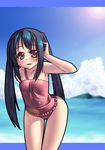  armpits black_hair blue_hair blush cloud cover day flat_chest gaien highres k-on! long_hair nakano_azusa ocean one-piece_swimsuit outdoors pink_swimsuit sky solo swimsuit twintails water 