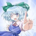  blue_eyes blue_hair cirno fang flx foreshortening hair_ribbon hands lowres one_eye_closed ribbon solo touhou 