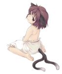  animal_ears bad_id bad_pixiv_id bangs barefoot bloomers blush brown_eyes brown_hair cat_ears cat_girl cat_tail chen closed_mouth feet from_behind full_body looking_at_viewer looking_back multiple_tails negi_(type03) plantar_flexion short_hair sideways_glance simple_background sitting soles solo tail tears topless touhou two_tails underwear underwear_only wariza white_background white_bloomers 