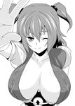  breasts breasts_apart cleavage greyscale hair_bobbles hair_ornament huge_breasts monochrome one_eye_closed onozuka_komachi soba_(saz) solo touhou two_side_up 