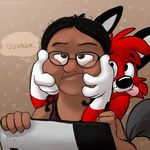  2015 anthro black_eyes black_hair canine cute duo fangs female fox from_behind fur hair head_grab human male mammal orlando_fox_(character) red_fur smile stylus tablet thedoggygal tongue tongue_out 