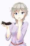  anastasia_(idolmaster) bite_mark blue_eyes blush breasts covering_mouth dated flying_sweatdrops food idolmaster idolmaster_cinderella_girls looking_at_viewer makizushi medium_breasts nagian setsubun short_hair silver_hair solo sushi sweatdrop 