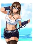  banned_artist blue_eyes blush breasts brown_hair choker covered_nipples dead_or_alive dead_or_alive_5 fingerless_gloves gloves kokoro_(doa) large_breasts long_hair looking_at_viewer navel nipples off_shoulder raburebo see-through solo suspenders thighhighs wet wet_clothes 