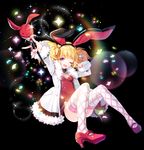  aisha_(elsword) alternate_hair_color animal_ears blonde_hair breasts bunny_ears bunnysuit cherrypin elsword holding holding_wand purple_eyes small_breasts smile solo thighhighs wand 