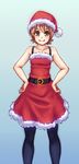  bare_arms bare_shoulders belt black_legwear blush brown_eyes brown_hair character_request collarbone copyright_request dress fur-trimmed_dress fur-trimmed_hat hands_on_hips hat looking_at_viewer monorus pantyhose pom_pom_(clothes) red_dress santa_costume santa_hat short_hair simple_background sleeveless sleeveless_dress smile solo v-shaped_eyebrows 