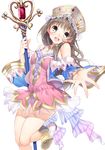  :d atelier_(series) atelier_totori blue_sleeves boots brown_eyes brown_hair dress hat headdress holding long_hair looking_at_viewer multicolored multicolored_ribbon open_mouth ribbon simple_background smile solo staff standing standing_on_one_leg totooria_helmold white_background yappen 