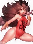  bare_hips bare_shoulders big_hair bracelet breasts brown_eyes brown_hair club covered_nipples dudou fang fumio_(rsqkr) groin horns jewelry long_hair looking_at_viewer no_panties oboro_muramasa oni open_mouth rajaki_(oboro_muramasa) small_breasts solo spiked_club thick_thighs thighs weapon younger 