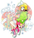  7:24 aqua_eyes blonde_hair bow hair_bow hair_ornament hairclip hand_in_pocket headphones headphones_around_neck hood hoodie kagamine_rin melancholic_(vocaloid) pink_skirt short_hair skirt solo sparkle vocaloid 