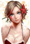  blonde_hair blue_eyes body_writing breasts christmas cleavage face facial_mark flower hair_flower hair_ornament large_breasts lucha_cha original short_hair smile solo upper_body 