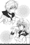  2girls absurdres bishoujo_senshi_sailor_moon character_name choker doily elbow_gloves gloves graphite_(medium) greyscale hair_between_eyes highres kaiou_michiru light_smile monochrome multiple_girls outer_senshi sailor_neptune sailor_senshi sailor_senshi_uniform sailor_uranus scan short_hair smile tanemura_arina ten'ou_haruka traditional_media very_short_hair 