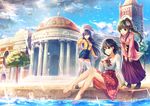  3girls bangs bare_legs barefoot black_hair blue_eyes blue_hair bracelet brown_eyes brown_hair building cloud column day flower green_hair hair_between_eyes hair_flower hair_ornament hairclip highres jewelry long_hair long_sleeves looking_away multiple_girls original outdoors pillar ponytail rain short_hair shorts skirt smile soaking_feet the_rainy_port_keelung thighhighs tree water wet white_legwear 