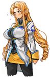  black_legwear blonde_hair blue_eyes blush breasts cropped_legs drill_hair flying_sweatdrops large_breasts long_hair long_sleeves marguerite_pistail pantyhose pencil_skirt perky_breasts sachito skirt solo super_robot_wars super_robot_wars_z2 tears very_long_hair yellow_skirt 