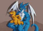  agumon anal bandai cum cum_while_penetrated digimon exveemon male male/male naoma-hiru on_top open_mouth orgasm penetration reverse_cowgirl_position sex size_difference 