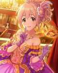  artist_request bare_shoulders blush brown_eyes dress earrings gloves hair_ornament idolmaster idolmaster_cinderella_girls jewelry looking_at_viewer mask mask_removed necklace official_art open_mouth pink_hair ponytail saionji_kotoka solo sparkle stairs 