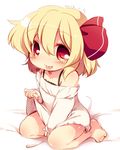  :p bangs bare_legs bare_shoulders barefoot bed_sheet blonde_hair blush camisole chemise collarbone dated full_body hair_between_eyes hair_ribbon highres long_sleeves looking_at_viewer matatabi_(nigatsu) off-shoulder_sweater petite red_eyes ribbon rumia seiza shiny shiny_hair shiny_skin short_hair simple_background sitting sleeves_past_wrists solo sweater tareme tongue tongue_out touhou wariza white_background 