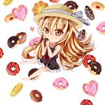  bakemonogatari barefoot blonde_hair brown_eyes chibi doughnut drawfeeling dress food hat long_hair monogatari_(series) oshino_shinobu otorimonogatari solo 