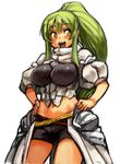  :d bike_shorts blush breasts green_hair hands_on_hips high_ponytail large_breasts long_hair navel open_mouth original ponytail sachito sidelocks simple_background smile solo sumi-chan_(sachito) white_background yellow_eyes 