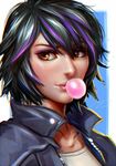  big_hero_6 black_hair brown_eyes bubble_blowing chewing_gum face gogo_tomago jacket lucha_cha multicolored_hair purple_hair short_hair solo upper_body 