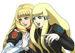  blonde_hair blue_eyes blue_lips dianna_soreil gloves gundam kihel_heim long_hair maya_sawamura_anderson multiple_girls open_mouth simple_background turn_a_gundam upper_body white_background 