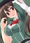  @_@ arm_up bangs blush bow bowtie breasts brown_eyes brown_hair buttons elbow_gloves embarrassed eyebrows_visible_through_hair fang fingernails gloves green_background green_jacket hair_between_eyes hand_up hands highres jacket kantai_collection large_breasts long_hair long_sleeves looking_at_viewer looking_down naturalton nose_blush open_mouth palms red_bow remodel_(kantai_collection) simple_background single_elbow_glove solo_focus tears tone_(kantai_collection) twintails upper_body wavy_mouth white_gloves wing_collar 