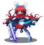  alternate_costume bow cape dullahan dullahan_(golden_sun) gauntlets golden_sun hair_bow mochizuki_ado pantyhose red_eyes red_hair sekibanki short_hair skirt solo sword touhou weapon 