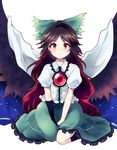  bird_wings black_wings bow brown_hair cape gradient_hair hair_bow highres long_hair multicolored_hair puffy_short_sleeves puffy_sleeves purple_eyes red_hair reiuji_utsuho shirt short_sleeves sitting skirt smile solo space third_eye touhou uranaishi_(miraura) v_arms very_long_hair wariza wings 