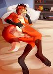  2015 anthro anus balls bed butt canine fight_(artist) fox fur hair looking_at_viewer lying male mammal nude paws penis presenting red_fox smile solo 