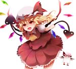  arano_oki bat_wings blonde_hair breasts fangs flandre_scarlet hat holding laevatein long_hair looking_at_viewer medium_breasts multiple_girls open_mouth red_eyes remilia_scarlet short_sleeves simple_background touhou tsurime wings 