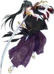  black_hair full_body hakama japanese_clothes katana male_focus official_art ponytail purple_hakama sandals smile solo sword tabi tarou_tachi torn_clothes touken_ranbu transparent_background uehara_(higanbachi) weapon wide_sleeves yellow_eyes 