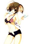  :d absurdres american_flag_bikini bikini bikini_top breasts brown_hair cleavage flag_print food highres inugami_kira large_breasts looking_at_viewer navel open_fly open_mouth popsicle red_eyes short_hair short_shorts shorts smile solo swimsuit 