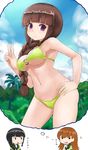  bikini breasts brown_hair green_bikini highres imagining kantai_collection kantai_collection_(anime) kitakami_(kantai_collection) long_hair medium_breasts multiple_girls o-ring o-ring_top okitsugu ooi_(kantai_collection) partially_translated purple_eyes swimsuit translation_request underboob v 