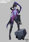  bodysuit boots breasts center_opening character_name cleavage copyright_name full_body garayann gloves grey_skin gun head_mounted_display headgear highres knee_boots leg_up long_hair looking_at_viewer medium_breasts overwatch pink_bodysuit ponytail purple_hair simple_background solo very_long_hair weapon widowmaker_(overwatch) yellow_eyes 