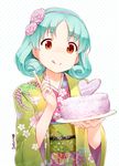  2015 :p cake dated food green_hair hair_ribbon happy_birthday idolmaster idolmaster_million_live! index_finger_raised japanese_clothes kimono nagian ribbon short_hair signature solo tokugawa_matsuri tongue tongue_out 