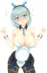  animal_ears bare_shoulders blue_eyes blue_hair blush breasts bunny_ears cameltoe contrapposto cowboy_shot detached_collar fake_animal_ears head_tilt headphones highres large_breasts looking_at_viewer necktie oshiro_project rough_(riferio) shikano_(oshiro_project) short_hair solo standing white_background wrist_cuffs 
