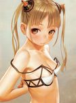  adjusting_bra adjusting_clothes bangs bare_shoulders blunt_bangs blush bra breasts brown_eyes brown_hair cleavage closed_mouth collarbone copyright_request expressionless from_side grey_background half_updo highres looking_at_viewer murata_renji petite scan shiny shiny_hair shiny_skin small_breasts solo strap_slip tareme twintails underwear underwear_only upper_body 