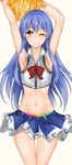  ;) adapted_costume armpits arms_up blue_hair blush breasts cheerleader hinanawi_tenshi long_hair looking_at_viewer midriff momoiro_lettuce navel one_eye_closed pom_poms red_eyes simple_background small_breasts smile solo touhou white_background 