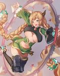 :d aqua_eyes arm_up armor bad_id bad_pixiv_id blush bouncing_breasts bracelet braid breasts breasts_apart brooch brown_hair carmelina_(granblue_fantasy) chakram draph dress fang full_body granblue_fantasy grey_background hair_ornament high_heels horns huge_weapon jewelry jumping large_breasts long_hair long_sleeves looking_at_viewer navel navel_cutout open_mouth outstretched_arm short_dress side_slit sideboob simple_background smile solo taut_clothes thighhighs turtleneck twin_braids underboob underboob_cutout very_long_hair weapon wide_sleeves yaman 