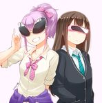  brown_hair cardigan clothes_around_waist dated dress_shirt grin hands_in_pockets head_mounted_display idolmaster idolmaster_cinderella_girls jougasaki_mika long_hair looking_at_viewer multiple_girls nagian necktie pink_hair school_uniform shibuya_rin shirt short_hair smile sunglasses sweatdrop sweater_around_waist visor yellow_eyes 