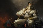  2014 axe biceps big_muscles bondage_gear clothed clothing dragon flaccid glowing glowing_eyes grasp half-dressed harness horn jiandou looking_at_viewer male manly markings muscles navel open_mouth pecs penis red_eyes sitting sitting_on solo vein veiny_penis weapon wristband 
