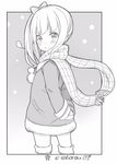  3: bow coat greyscale hair_bow hair_ribbon kantai_collection kasumi_(kantai_collection) long_hair looking_at_viewer md5_mismatch mittens monochrome ribbon scarf side_ponytail soborou solo translated v-shaped_eyebrows winter_clothes winter_coat 