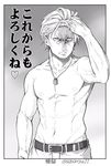  &gt;:( admiral_(kantai_collection) dog_tags frown greyscale hand_in_hair jewelry kantai_collection looking_at_viewer male_focus monochrome muscle navel necklace shirtless soborou solo translated v-shaped_eyebrows 