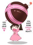  1girl absurdres animal_ears bomb brown_hair bunny_ears bunny_tail carrot carrot_necklace carrying carrying_overhead chibi chocolate dress fuse hard_translated heart highres inaba_tewi open_mouth shadow short_hair simple_background tail text touhou translated uyu_(keyakinoki) valentine white_background |_| 