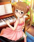  artist_request baton_(instrument) blush brown_eyes brown_hair dress glasses idolmaster idolmaster_cinderella_girls ikebukuro_akiha indoors instrument jpeg_artifacts long_hair looking_back metronome official_art piano semi-rimless_eyewear sheet_music sitting solo source_request star twintails under-rim_eyewear wavy_mouth 