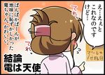  bathrobe bell_(oppore_coppore) blush blush_stickers brown_hair comic flying_sweatdrops folded_ponytail from_behind inazuma_(kantai_collection) kantai_collection kantai_collection_(anime) long_hair long_sleeves pointing simple_background solo sweatdrop translated 